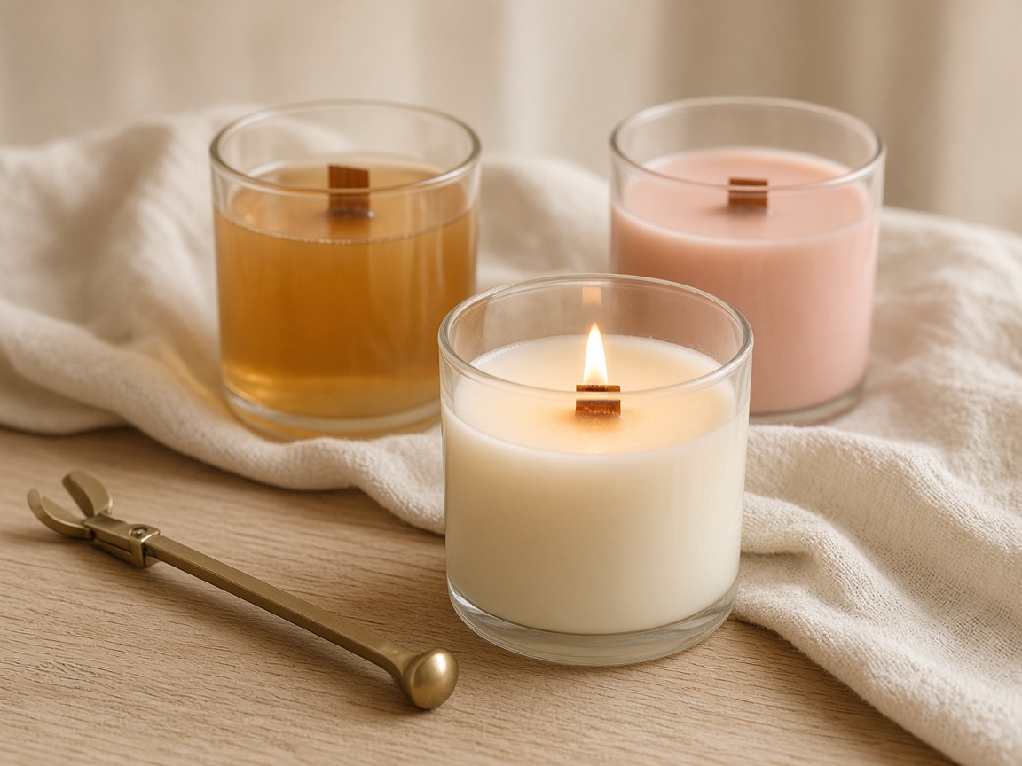 Wooden-wick candles on the showroom table, one lit, with a brass wick trimmer
